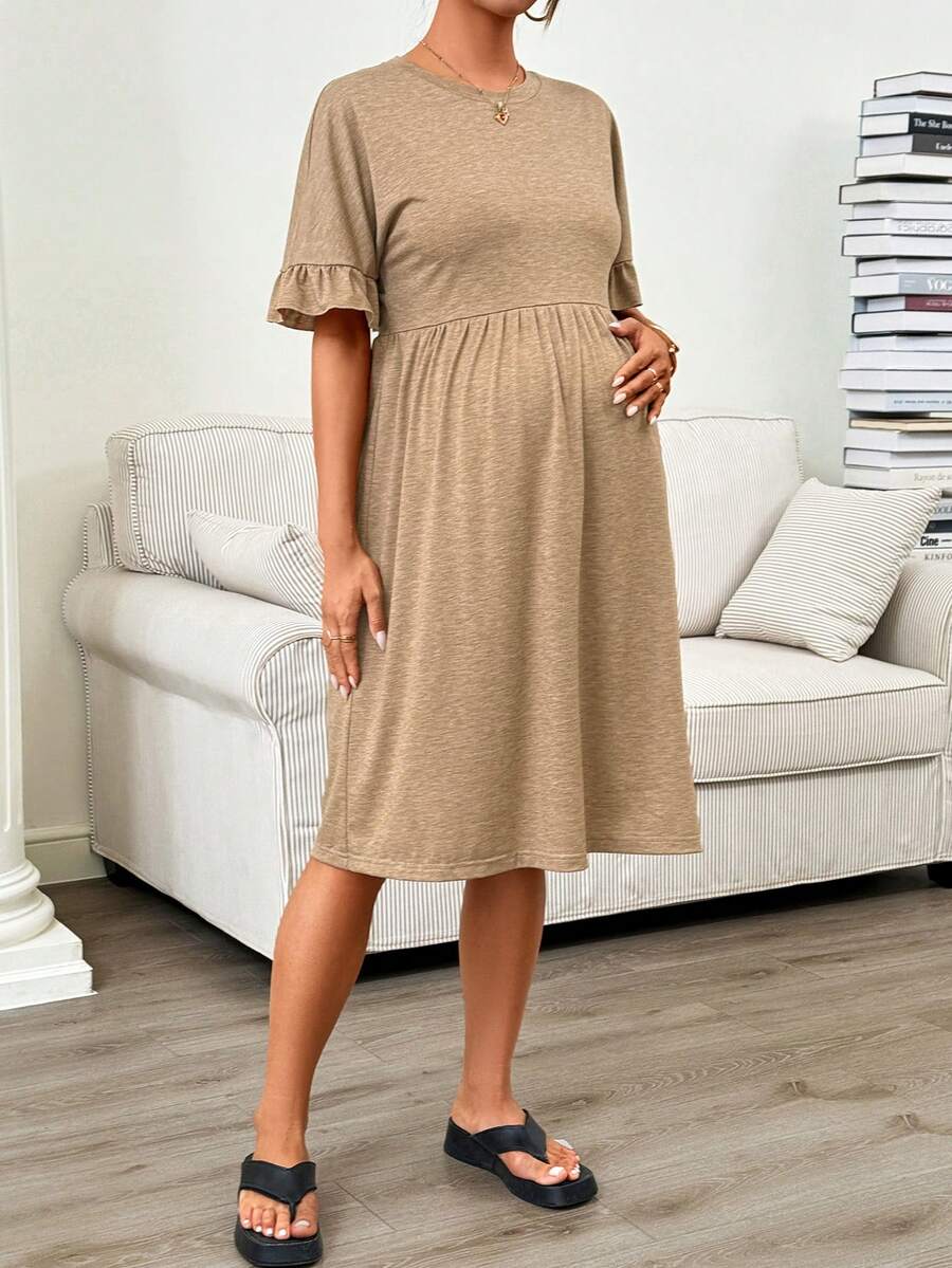 Maternity Khaki Round Neck Ruffle Sleeve A-Line Mini Dress - Slim Fit High Waist Casual Beach Sundress