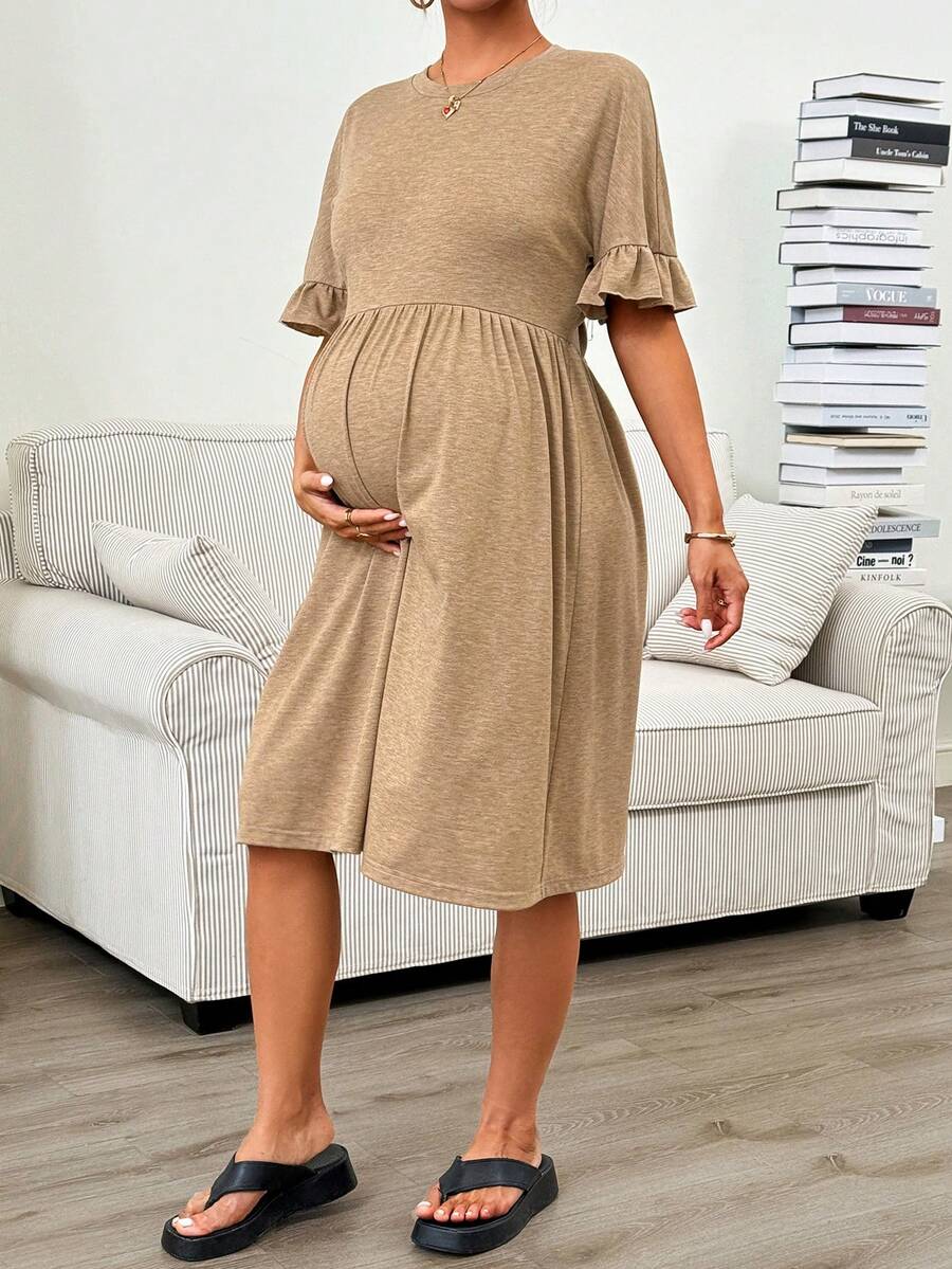 Maternity Khaki Round Neck Ruffle Sleeve A-Line Mini Dress - Slim Fit High Waist Casual Beach Sundress
