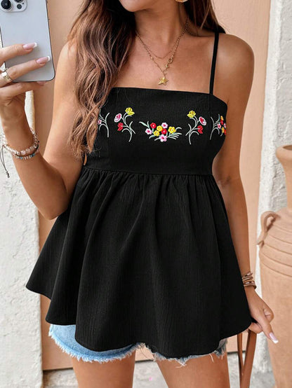 Boho Floral Embroidery Ruffle Hem Cami Top - Black Maternity Babydoll Vacation Camisole with Spaghetti Straps and Slim Fit