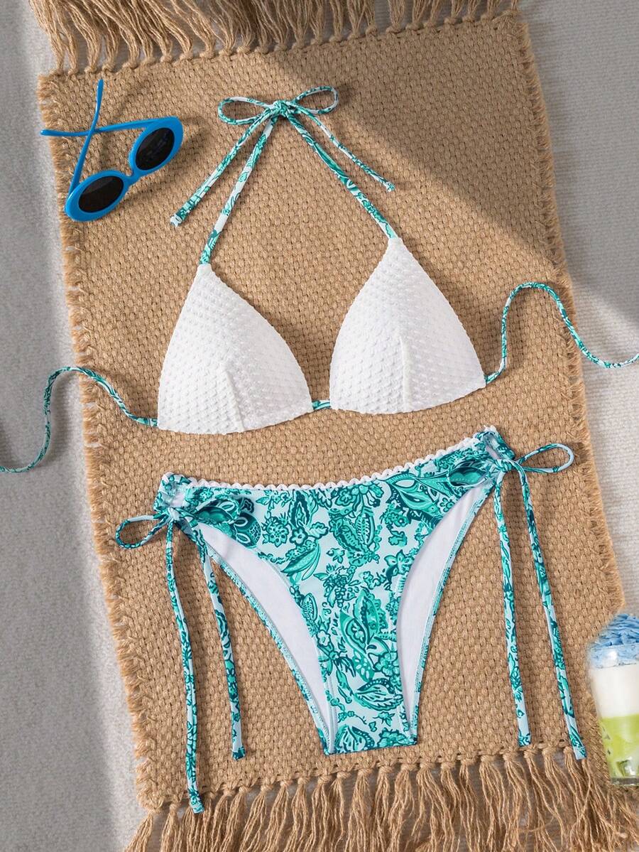 Swim Vcay 2pcs/Set New Summer Random Textured & Print Triangle Halter Bikini Swimwear With Floral Trim Decoration, Elegant Sexy Beach Vacation Pool Party Swimwear For Women