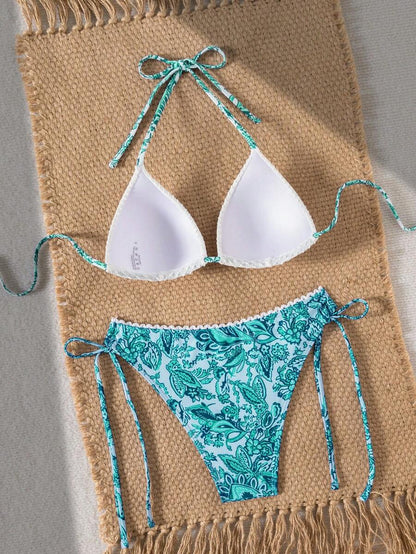 Swim Vcay 2pcs/Set New Summer Random Textured & Print Triangle Halter Bikini Swimwear With Floral Trim Decoration, Elegant Sexy Beach Vacation Pool Party Swimwear For Women