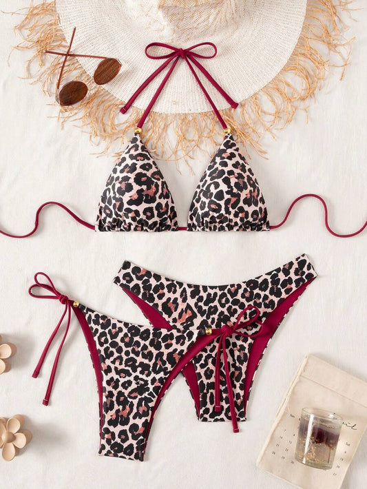 Women's 3-Piece Leopard Bikini Set - Halter Tie, Knotted Triangle, High Cut, Multicolor