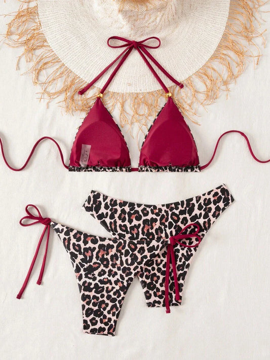Women's 3-Piece Leopard Bikini Set - Halter Tie, Knotted Triangle, High Cut, Multicolor