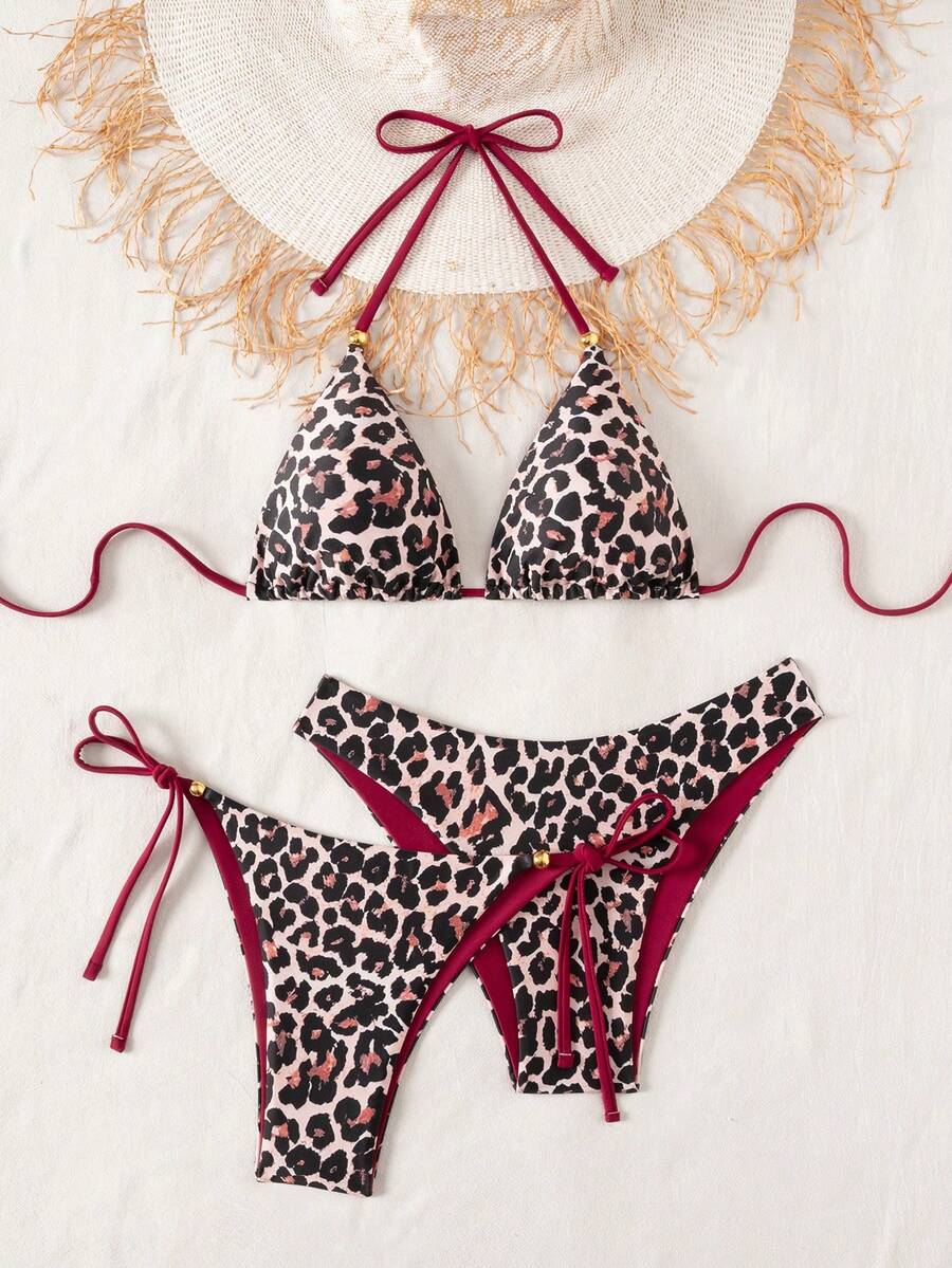 Swim Vcay Summer Beach Women 3pcs/Set Solid Color Halter Backless Tie Top + Knotted Triangle Bikini Bottom + Triangle Bikini Set Set Animal Print Swim Wear Bathing Suit Sets Animal Print Bikini Cheetah Print Bathing Suit Women Swimwear Sets