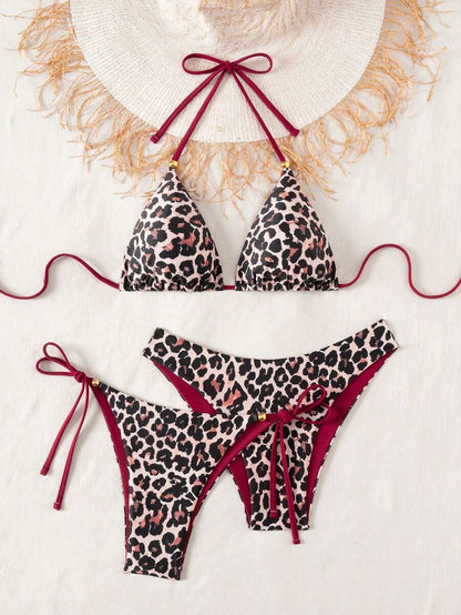 Swim Vcay Summer Beach Women 3pcs/Set Solid Color Halter Backless Tie Top + Knotted Triangle Bikini Bottom + Triangle Bikini Set Set Animal Print Swim Wear Bathing Suit Sets Animal Print Bikini Cheetah Print Bathing Suit Women Swimwear Sets