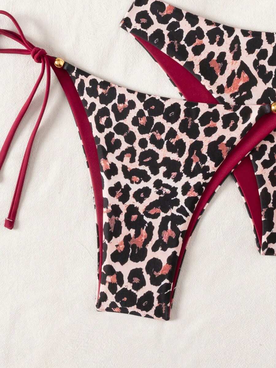Swim Vcay Summer Beach Women 3pcs/Set Solid Color Halter Backless Tie Top + Knotted Triangle Bikini Bottom + Triangle Bikini Set Set Animal Print Swim Wear Bathing Suit Sets Animal Print Bikini Cheetah Print Bathing Suit Women Swimwear Sets
