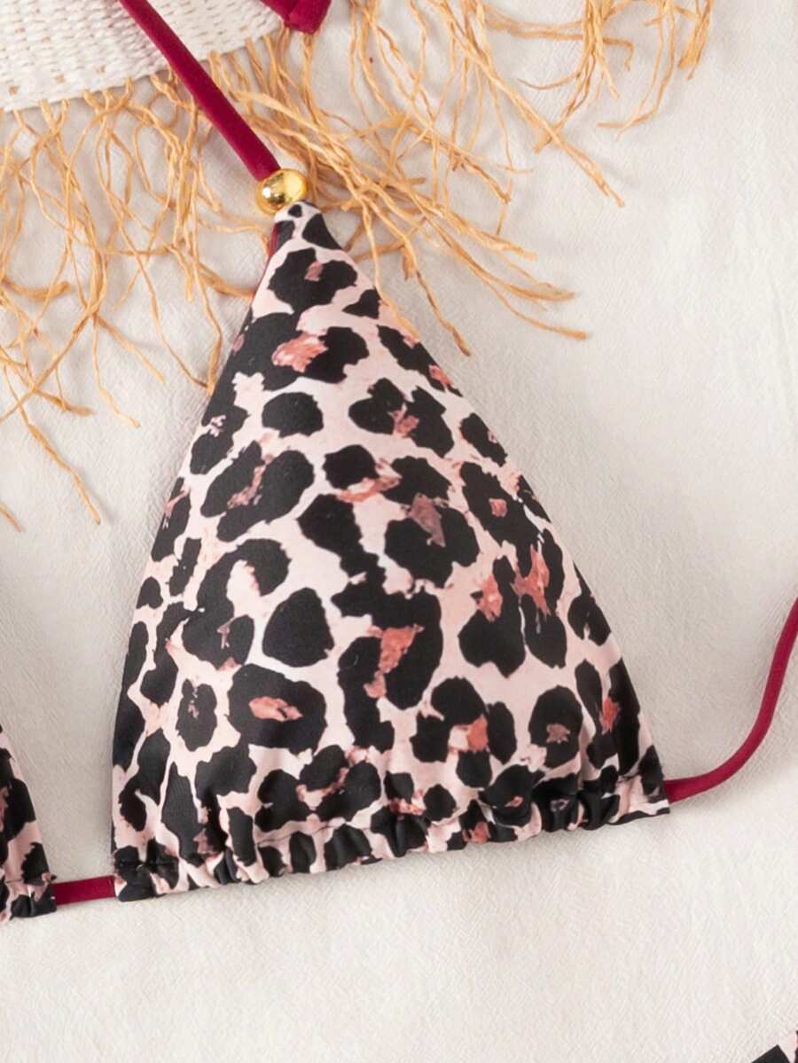 Swim Vcay Summer Beach Women 3pcs/Set Solid Color Halter Backless Tie Top + Knotted Triangle Bikini Bottom + Triangle Bikini Set Set Animal Print Swim Wear Bathing Suit Sets Animal Print Bikini Cheetah Print Bathing Suit Women Swimwear Sets