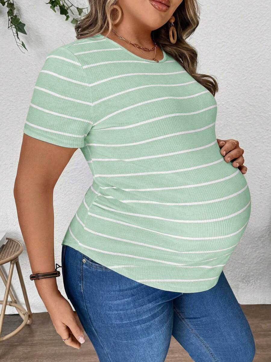 Plus Size Maternity Striped Top - Round Neck, Short Sleeve, Asymmetrical, Long, Black and White