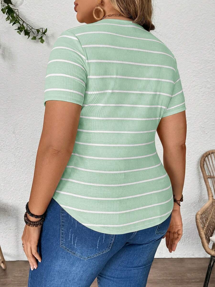 Plus Size Maternity Striped Top - Round Neck, Short Sleeve, Asymmetrical, Long, Black and White