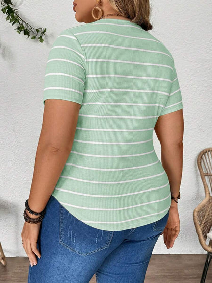 Plus Size Maternity Striped Top - Round Neck, Short Sleeve, Asymmetrical, Long, Black and White