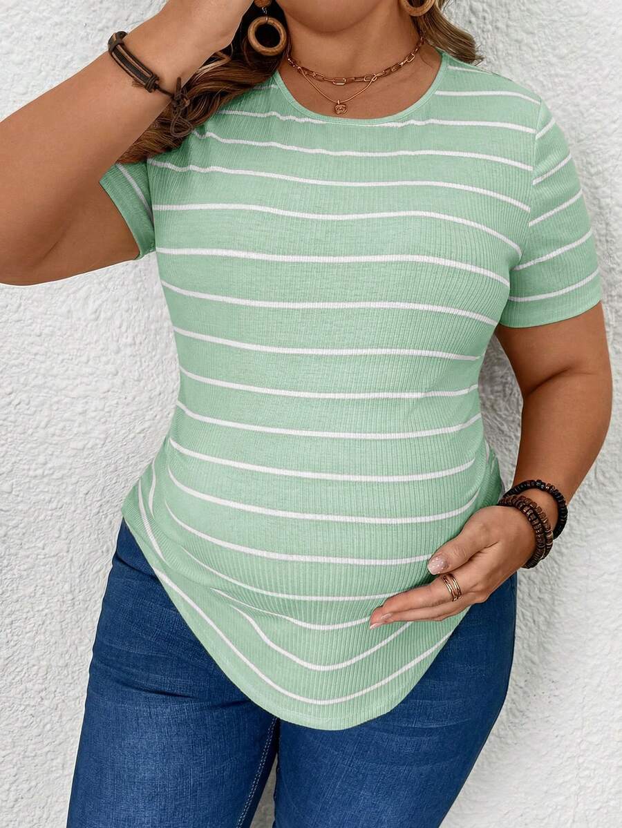 Plus Size Maternity Striped Top - Round Neck, Short Sleeve, Asymmetrical, Long, Black and White