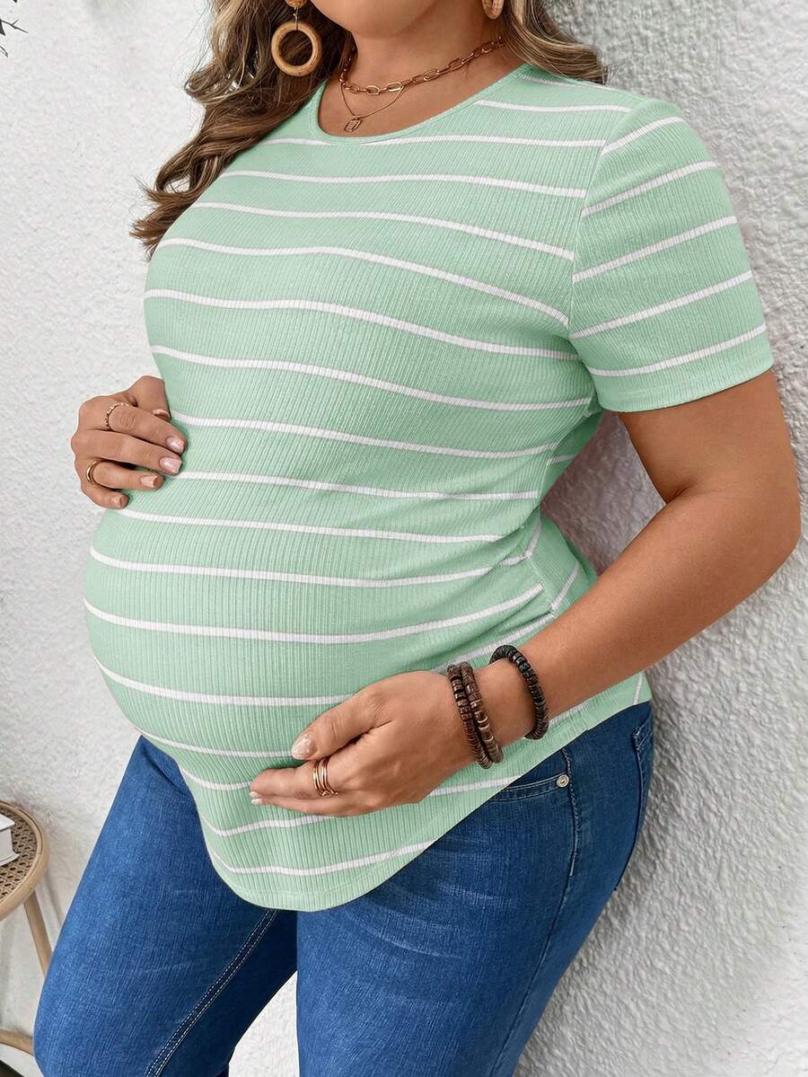 Plus Size Maternity Striped Top - Round Neck, Short Sleeve, Asymmetrical, Long, Black and White