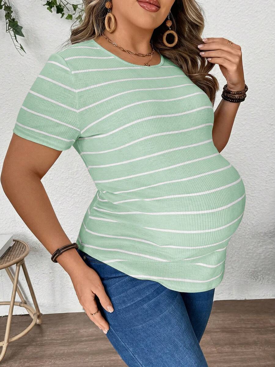 Plus Size Maternity Striped Top - Round Neck, Short Sleeve, Asymmetrical, Long, Black and White