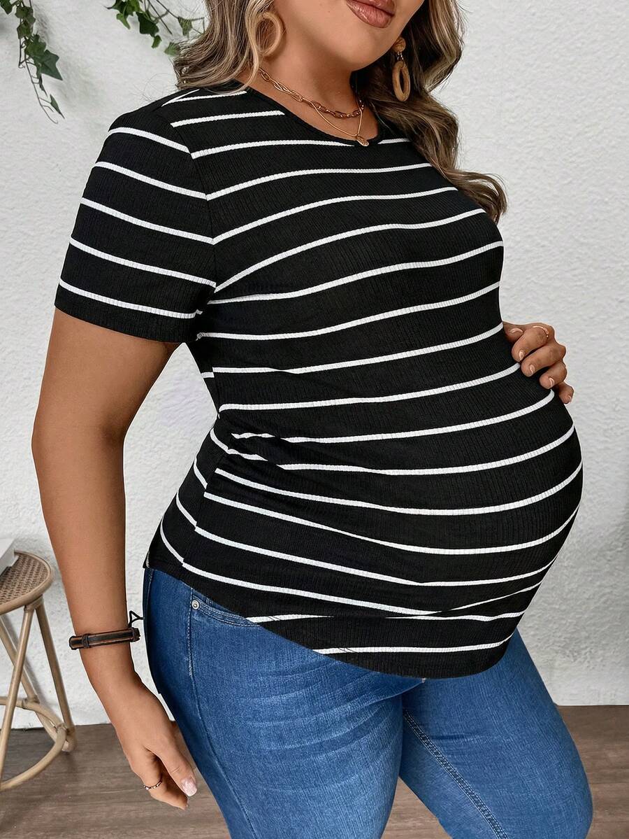 Plus Size Maternity Striped Top - Round Neck, Short Sleeve, Asymmetrical, Long, Black and White