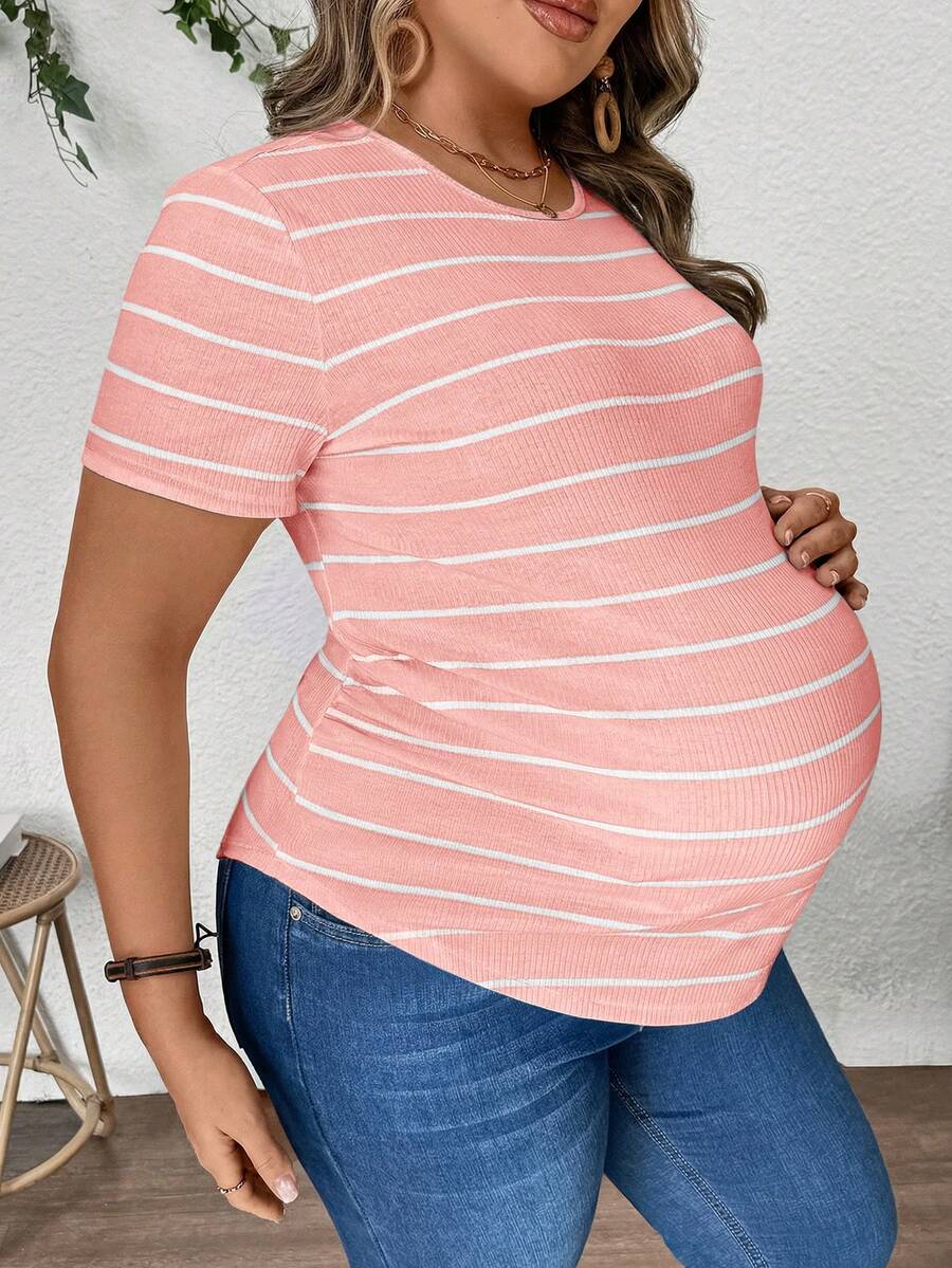 Plus Size Maternity Striped Top - Round Neck, Short Sleeve, Asymmetrical, Long, Black and White