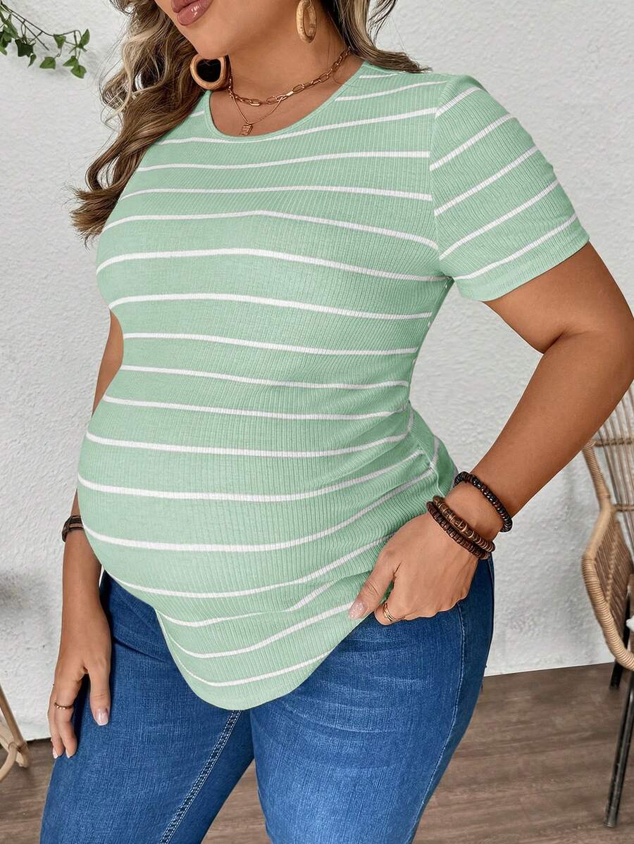 Plus Size Maternity Striped Top - Round Neck, Short Sleeve, Asymmetrical, Long, Black and White