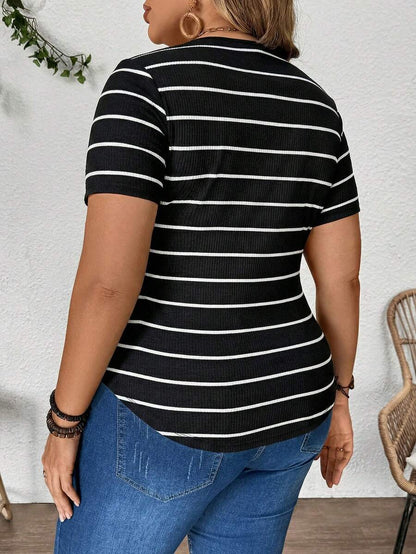 Plus Size Maternity Striped Top - Round Neck, Short Sleeve, Asymmetrical, Long, Black and White