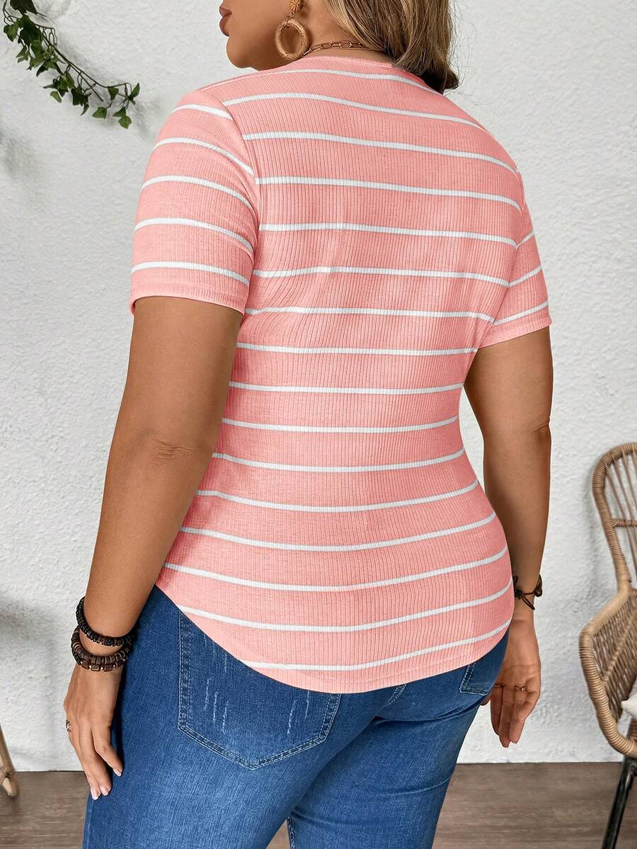 Plus Size Maternity Striped Top - Round Neck, Short Sleeve, Asymmetrical, Long, Black and White