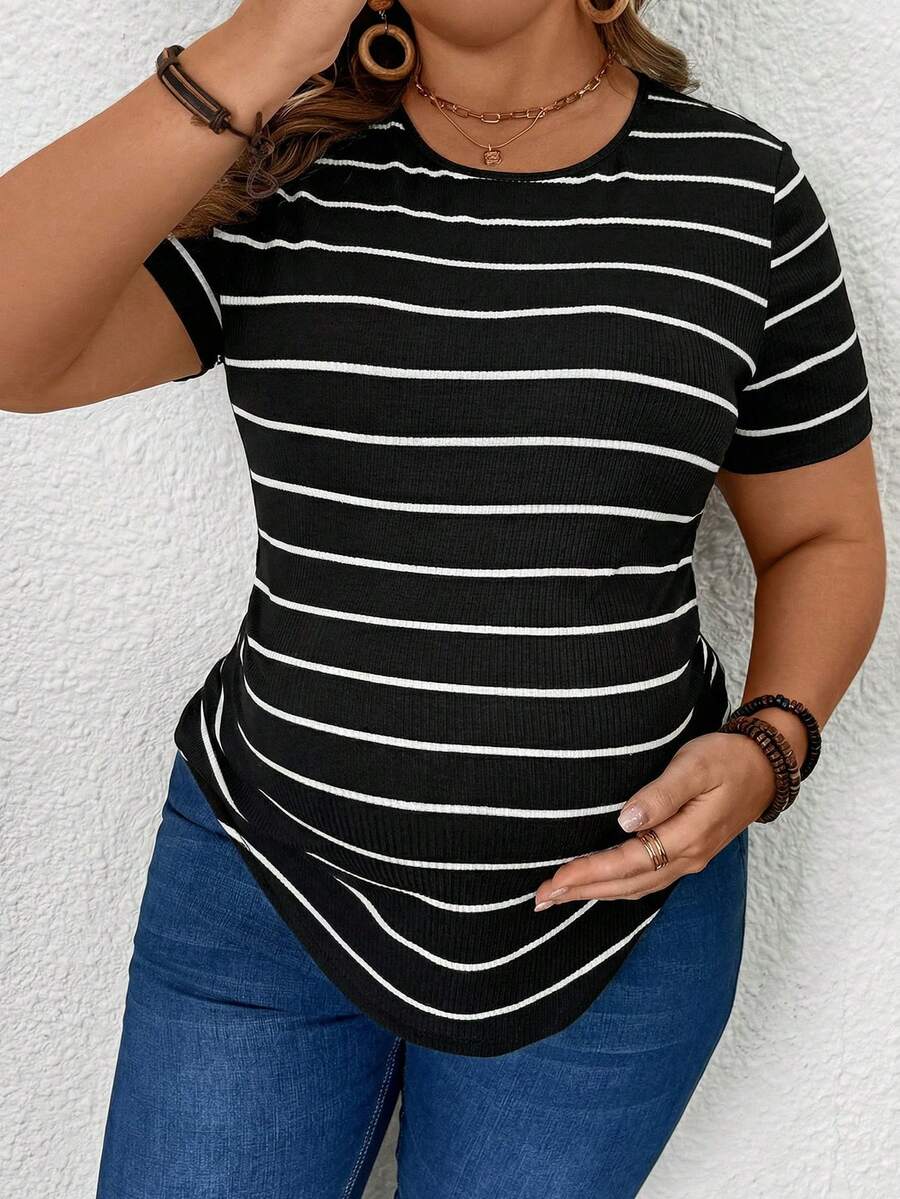 Plus Size Maternity Striped Top - Round Neck, Short Sleeve, Asymmetrical, Long, Black and White