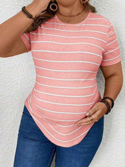 Plus Size Maternity Striped Top - Round Neck, Short Sleeve, Asymmetrical, Long, Black and White