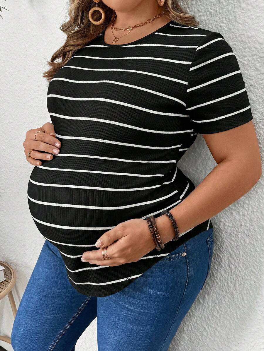 Plus Size Maternity Striped Top - Round Neck, Short Sleeve, Asymmetrical, Long, Black and White