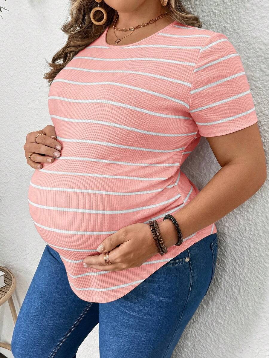 Plus Size Maternity Striped Top - Round Neck, Short Sleeve, Asymmetrical, Long, Black and White