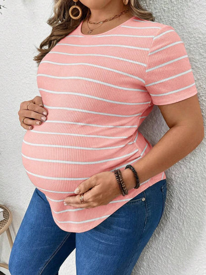 Plus Size Maternity Striped Top - Round Neck, Short Sleeve, Asymmetrical, Long, Black and White