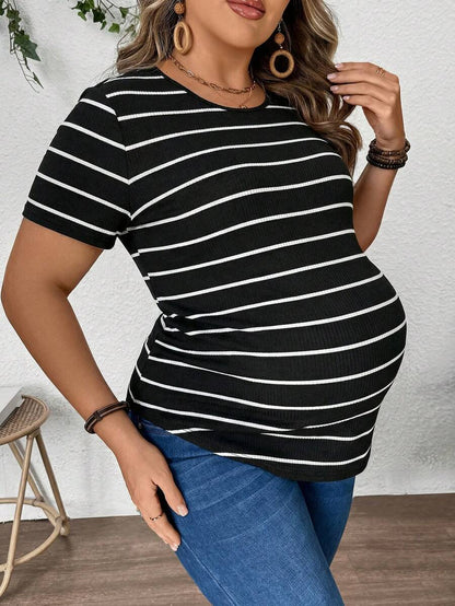 Plus Size Maternity Striped Top - Round Neck, Short Sleeve, Asymmetrical, Long, Black and White