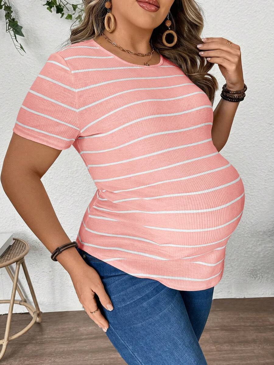 Plus Size Maternity Striped Top - Round Neck, Short Sleeve, Asymmetrical, Long, Black and White