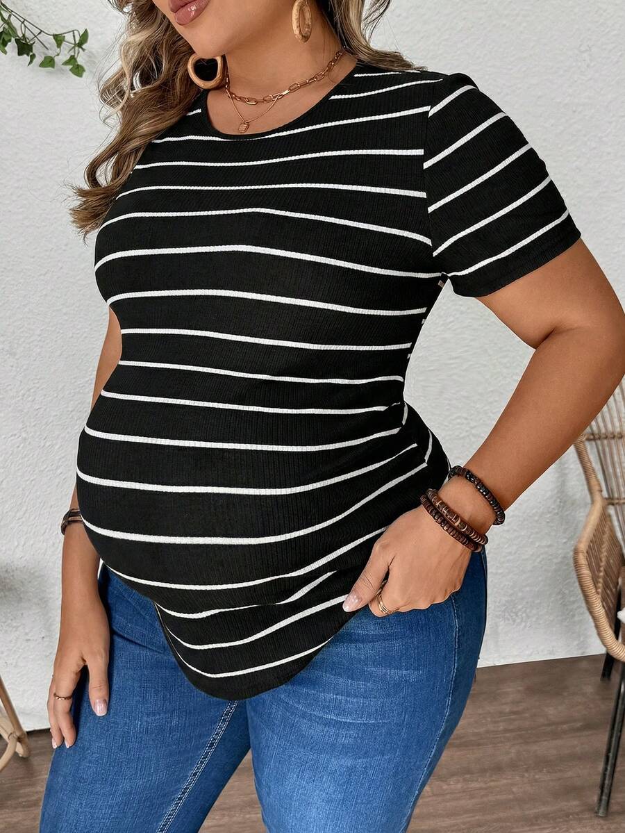 Plus Size Maternity Striped Top - Round Neck, Short Sleeve, Asymmetrical, Long, Black and White