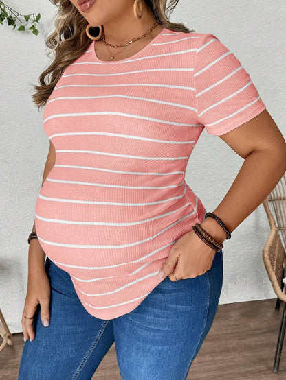 Plus Size Maternity Striped Top - Round Neck, Short Sleeve, Asymmetrical, Long, Black and White