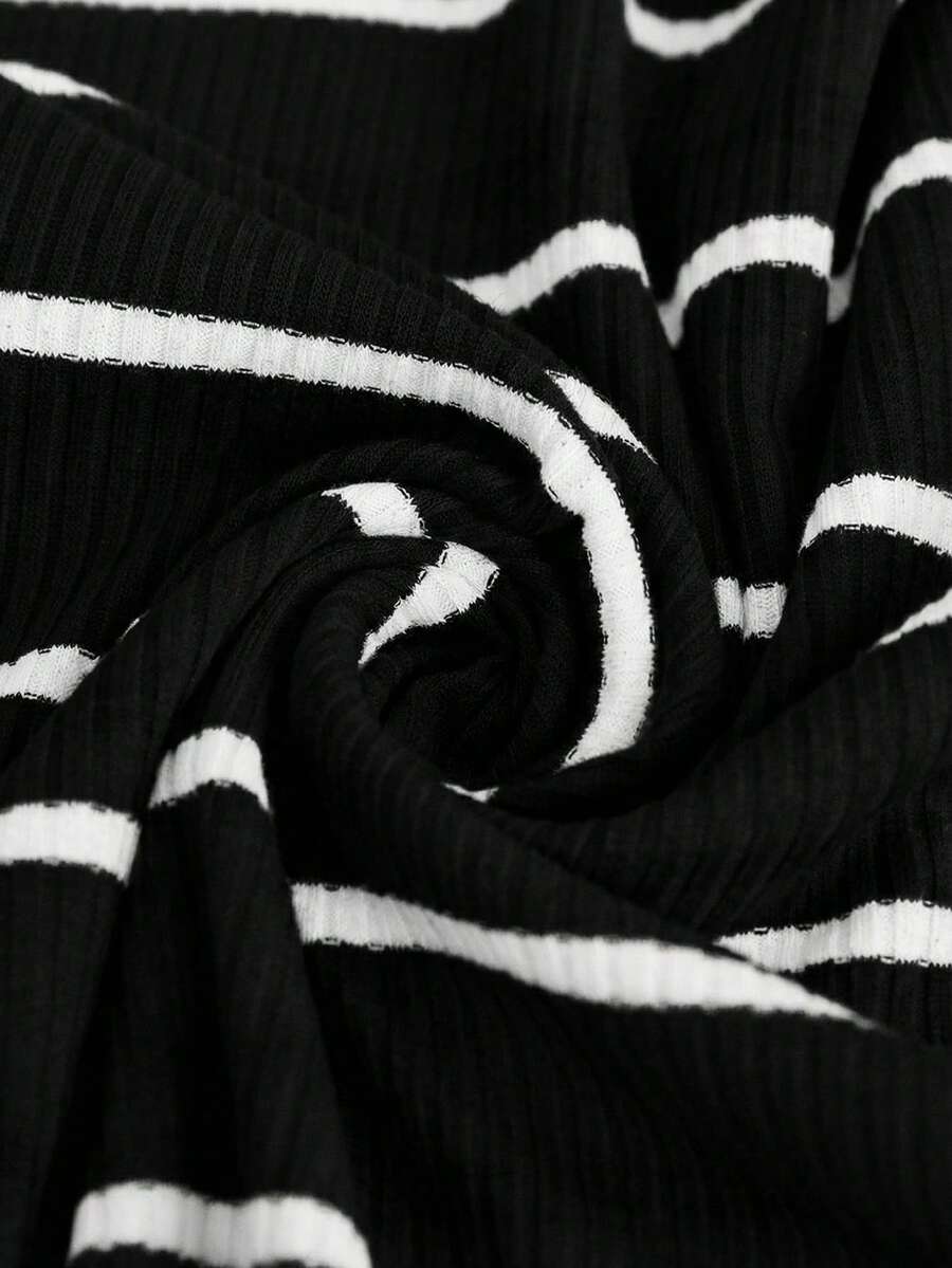 Plus Size Maternity Striped Top - Round Neck, Short Sleeve, Asymmetrical, Long, Black and White
