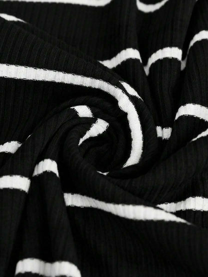 Plus Size Maternity Striped Top - Round Neck, Short Sleeve, Asymmetrical, Long, Black and White