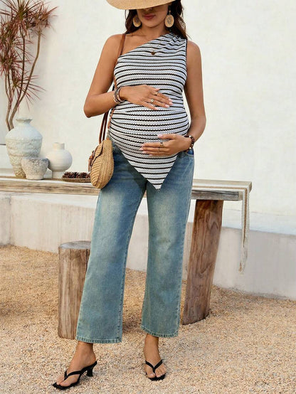 Maternity Striped Asymmetric Hem Sleeveless Tank Top in Coffee Brown Quilted Knit Slim Fit Longline Casual Maternity Shirt
