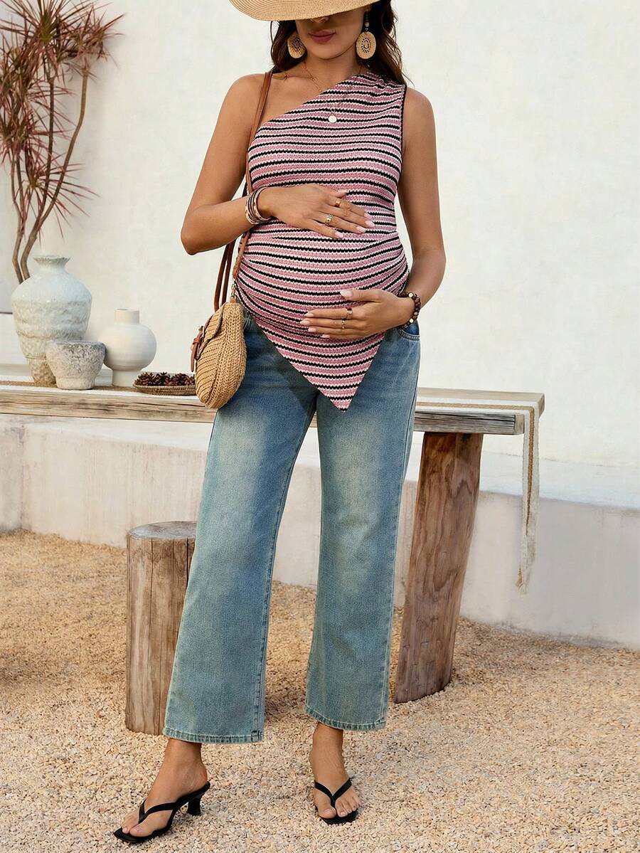 Maternity Striped Asymmetric Hem Sleeveless Tank Top in Coffee Brown Quilted Knit Slim Fit Longline Casual Maternity Shirt