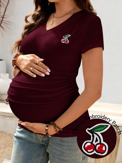 Cherry Embroidery V-Neck Maternity T-Shirt - Slim Fit Ruched Short Sleeve Pregnancy Top in Burgundy Knit