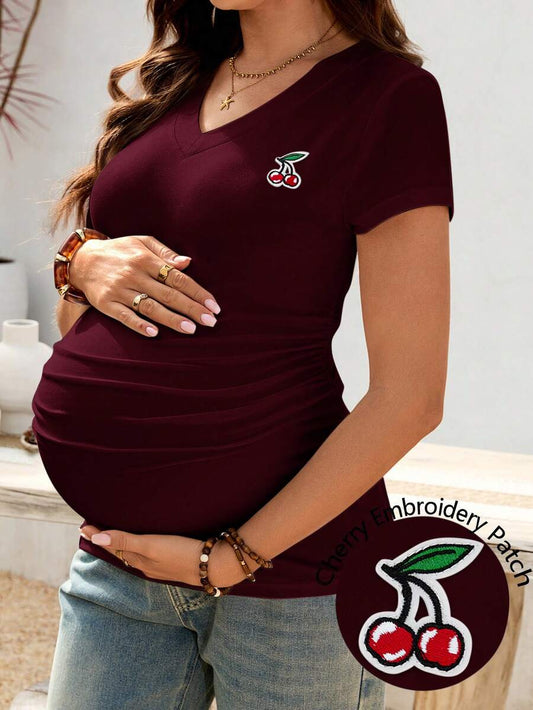 Cherry Embroidery V-Neck Maternity T-Shirt - Slim Fit Ruched Short Sleeve Pregnancy Top in Burgundy Knit