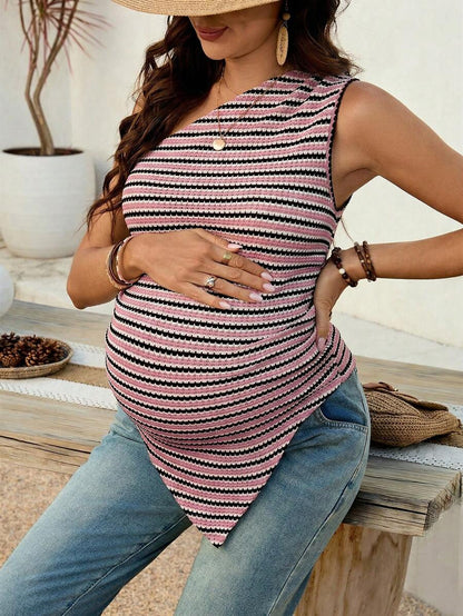 Maternity Striped Asymmetric Hem Sleeveless Tank Top in Coffee Brown Quilted Knit Slim Fit Longline Casual Maternity Shirt