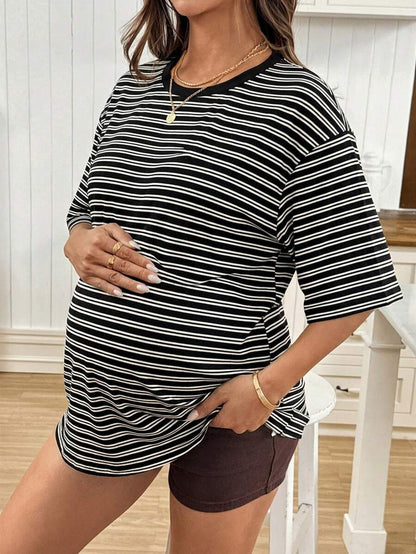 Maternity Black Striped Round Neck Short Sleeve Long Loose Fit T-Shirt Comfortable Padded Shoulder Casual Drop Shoulder Pregnancy Tee