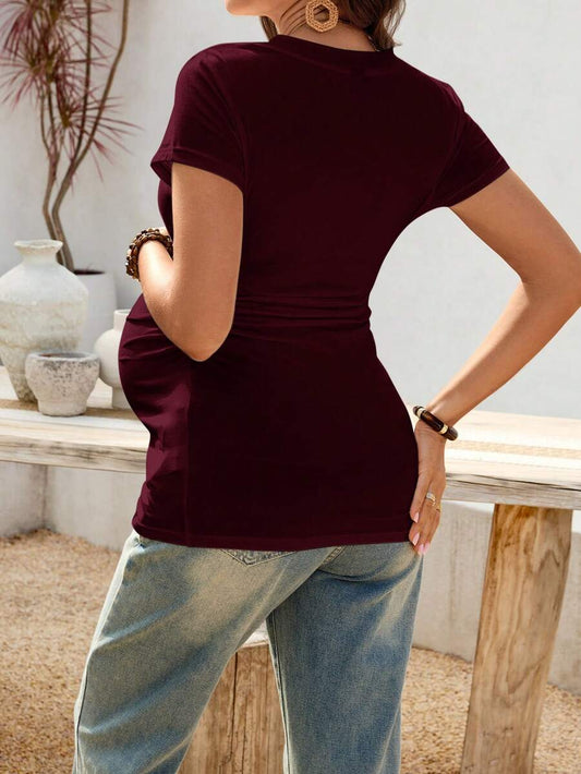 Cherry Embroidery V-Neck Maternity T-Shirt - Slim Fit Ruched Short Sleeve Pregnancy Top in Burgundy Knit