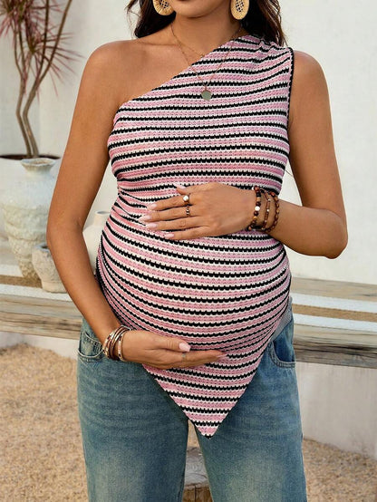 Maternity Striped Asymmetric Hem Sleeveless Tank Top in Coffee Brown Quilted Knit Slim Fit Longline Casual Maternity Shirt