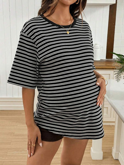 Maternity Black Striped Round Neck Short Sleeve Long Loose Fit T-Shirt Comfortable Padded Shoulder Casual Drop Shoulder Pregnancy Tee