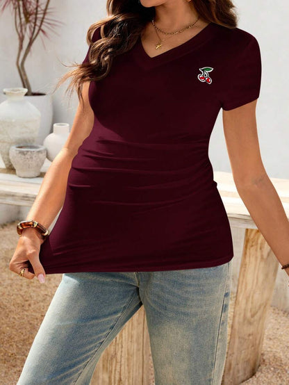 Cherry Embroidery V-Neck Maternity T-Shirt - Slim Fit Ruched Short Sleeve Pregnancy Top in Burgundy Knit