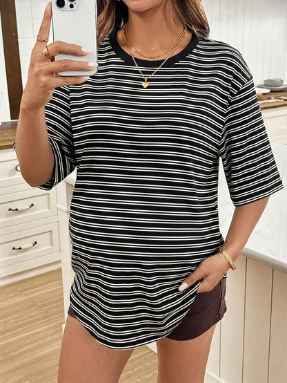 Maternity Black Striped Round Neck Short Sleeve Long Loose Fit T-Shirt Comfortable Padded Shoulder Casual Drop Shoulder Pregnancy Tee