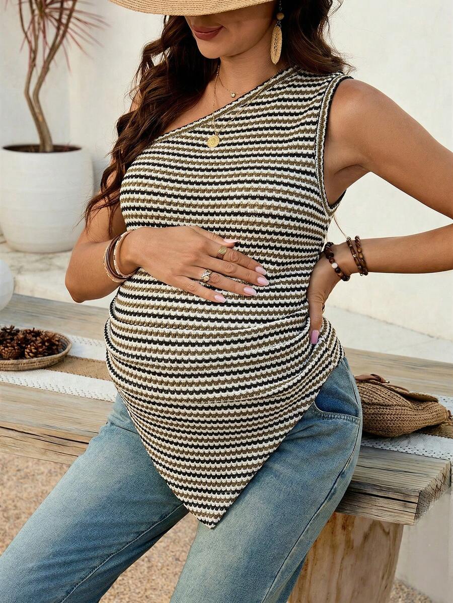 Maternity Striped Asymmetric Hem Sleeveless Tank Top in Coffee Brown Quilted Knit Slim Fit Longline Casual Maternity Shirt
