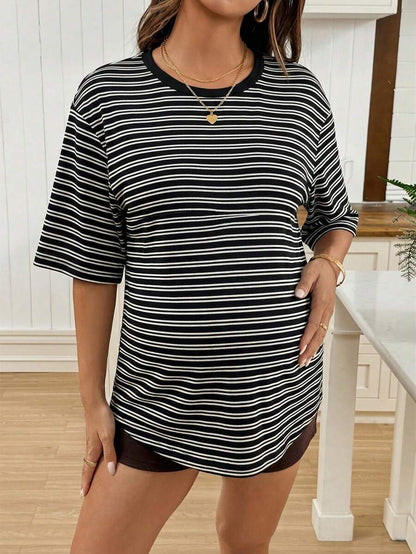 Maternity Black Striped Round Neck Short Sleeve Long Loose Fit T-Shirt Comfortable Padded Shoulder Casual Drop Shoulder Pregnancy Tee