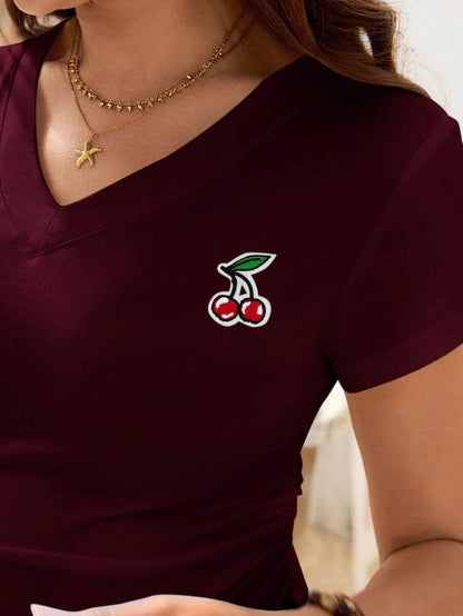 Cherry Embroidery V-Neck Maternity T-Shirt - Slim Fit Ruched Short Sleeve Pregnancy Top in Burgundy Knit