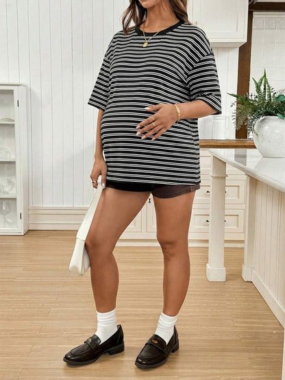 Maternity Black Striped Round Neck Short Sleeve Long Loose Fit T-Shirt Comfortable Padded Shoulder Casual Drop Shoulder Pregnancy Tee