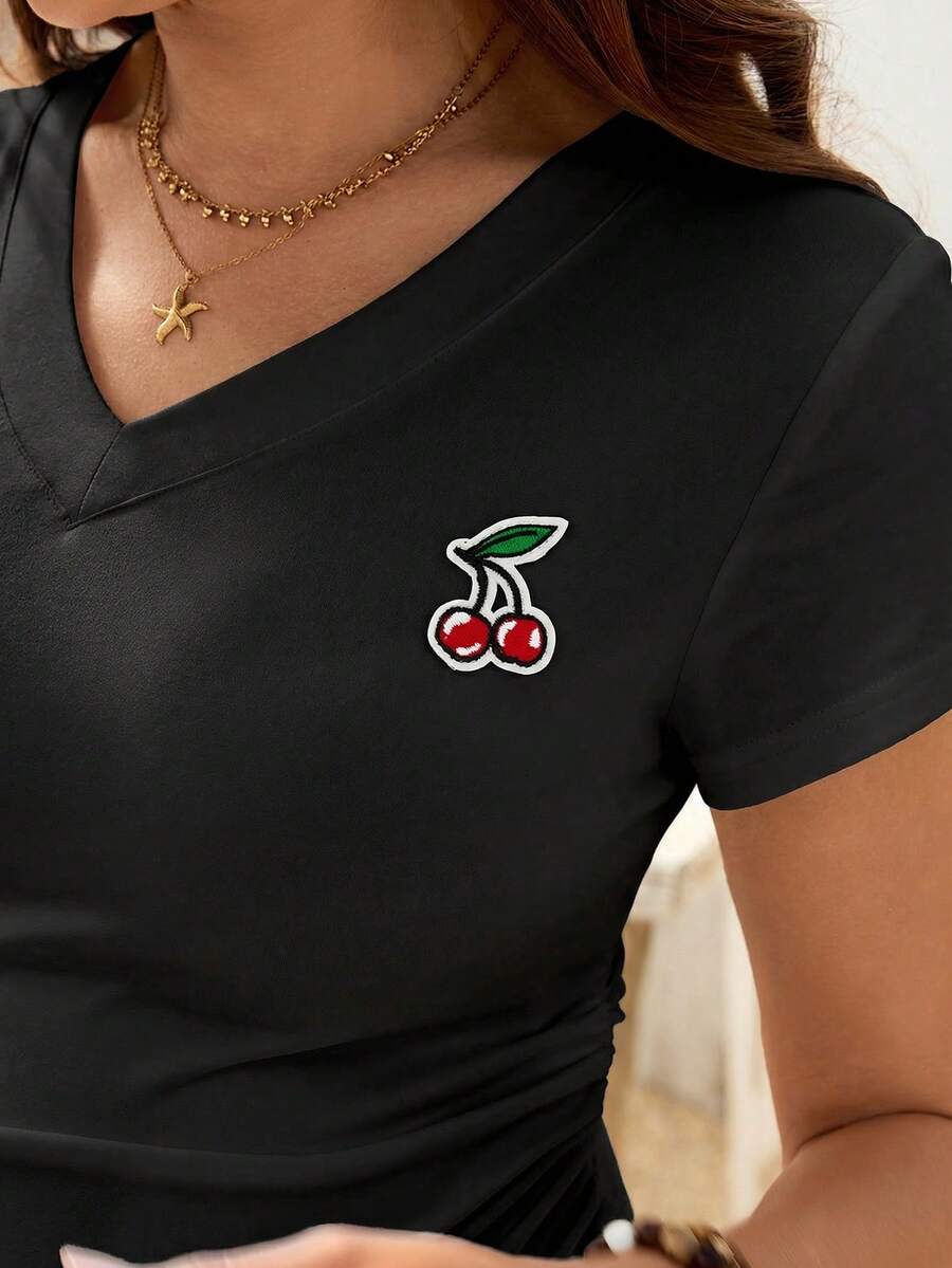 Cherry Embroidery V-Neck Maternity T-Shirt - Slim Fit Ruched Short Sleeve Pregnancy Top in Burgundy Knit