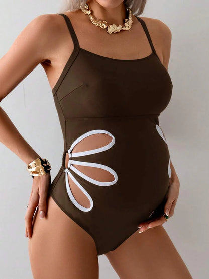 Maternity One-Piece Swimsuit - Petal Hollow Out Vacation Beach Swimwear